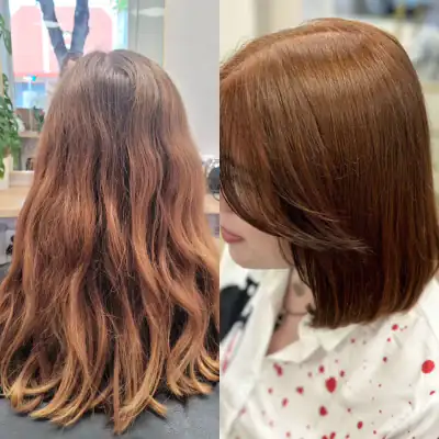 Avant après coupe carré court cheveux roux cuivré