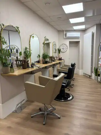 Salle de coiffure du Salon de S avec fauteuils et miroirs dorés
